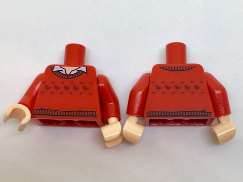 Torso Batman Sweater Crew Neck over White Shirt, 5 Birds (Robins) Pattern / Red Arms / Light Nougat Hands