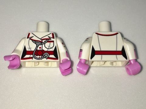 Torso Batman Female Outline with Red Trim and Belt, Stethoscope and Pockets Pattern / White Arms with Stripes and Pink Glove Cuffs / Bright Pink Hands