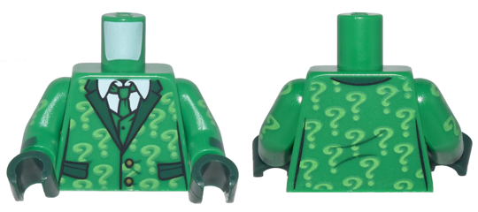 Torso Suit with Pockets, Tie, Shirt and Bright Green Question Marks Pattern / Green Arms with Bright Green Question Marks Pattern / Dark Green Hands