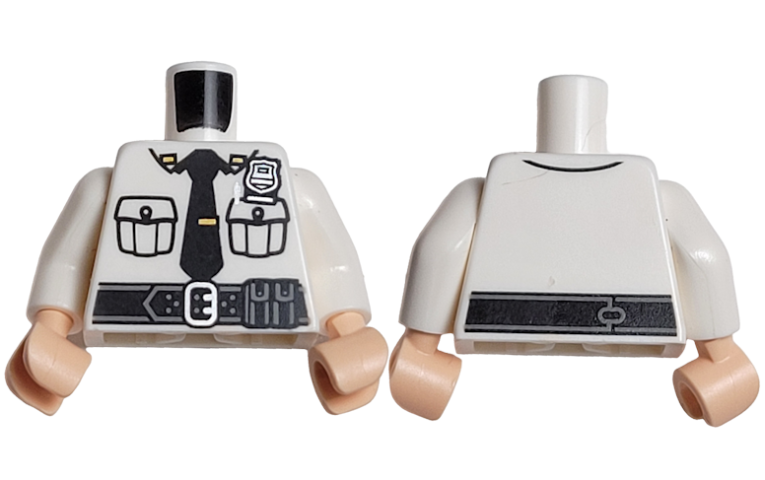 Torso Police Shirt with Black Tie, Silver Badge, Black Belt with Pouch and Buckle on Front, Line on Back Pattern / White Arms / Light Nougat Hands