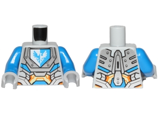 Torso Nexo Knights Armor with Orange and Gold Circuitry and Emblem with Blue Falcon Pattern / Blue Arms / Light Bluish Gray Hands