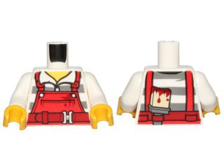 Torso Overalls Red over Prison Stripes Shirt, Dark Red Belt, Dirt Stains and Paint Brush on Back Pattern / White Arms / Yellow Hands