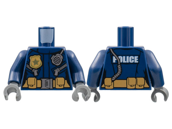 Torso Police Female Jacket with Zippers, Gold Badge, Radio and 'POLICE' Pattern on Reverse / Dark Blue Arms / Dark Bluish Gray Hands