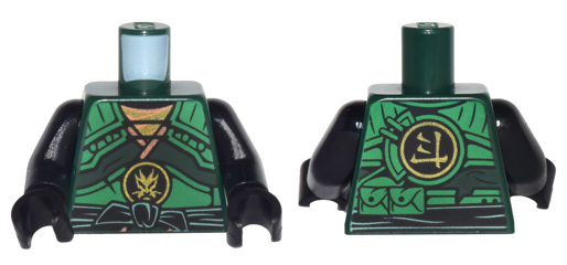 Torso Ninjago Armor with Green Straps and Black Sash with Golden Dragon Emblem Pattern / Black Arms / Black Hands