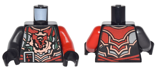 Torso Ninjago Red, Silver and Copper Armor with Clock, Smartphone and Headphones Pattern / Red Arm Left / Pearl Dark Gray Arm Right / Black Hands