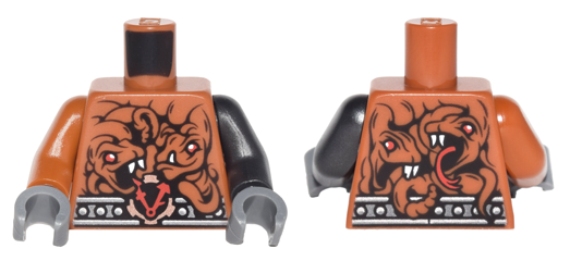 Torso Ninjago Metallic Silver Belt with Rivets, Clock and 4 Snakes Pattern / Pearl Dark Gray Arm Left / Dark Orange Arm Right / Dark Bluish Gray Hands