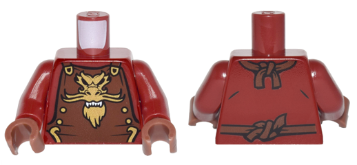 Torso Ninjago Reddish Brown Armor with Ties, Gold Buckles and Dragon Head Emblem Pattern / Dark Red Arms / Reddish Brown Hands
