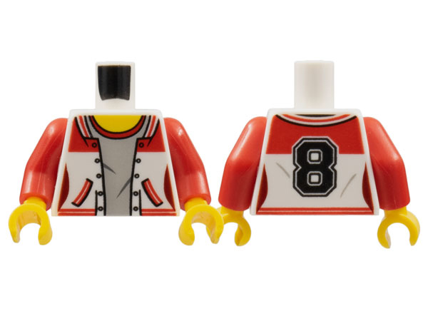 Torso Female Jacket Open, Light Bluish Gray Shirt with Red Collar, Yellow Neck, Black Number 8 on Back Pattern / Red Arms / Yellow Hands