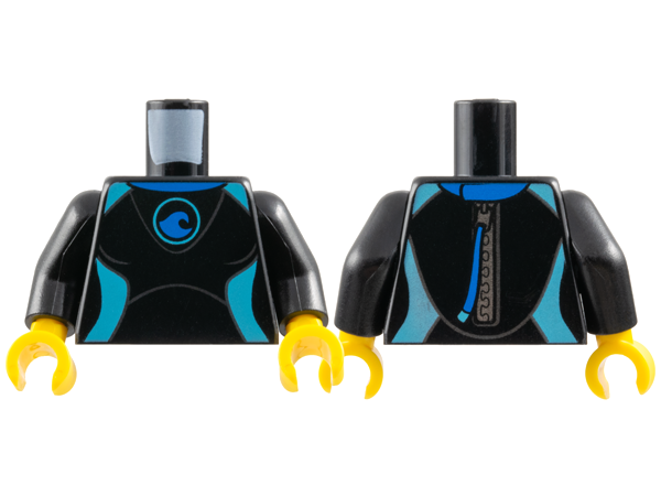 Torso Female Wetsuit with Blue Collar and Wave Logo, Medium Azure Panels, Silver Zipper with Pull Cord on Back Pattern / Black Arms / Yellow Hands