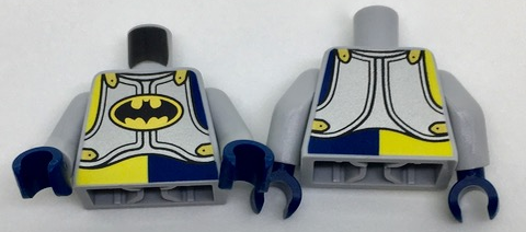 Torso Silver Armor Plates with Black Batman Logo in Gold Oval Pattern / Light Bluish Gray Arms / Dark Blue Hands