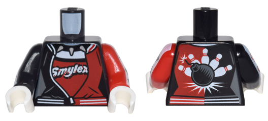 Torso Female Outline, Black and Red Bowling Jacket Pattern / Red Arm Left with Diamonds Pattern / Black Arm Right with Creatures Pattern / White Hands