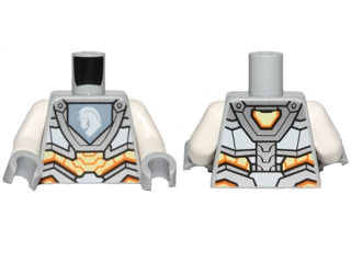 Torso Nexo Knights Armor with Orange and Gold Circuitry and Emblem with White Horse Pattern / White Arms / Light Bluish Gray Hands