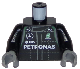 Torso Racing Suit with Boss, Mercedes, Petronas, Puma and UBS Logos, Green Trim, Front and Back Pattern / Black Arms / Dark Bluish Gray Hands