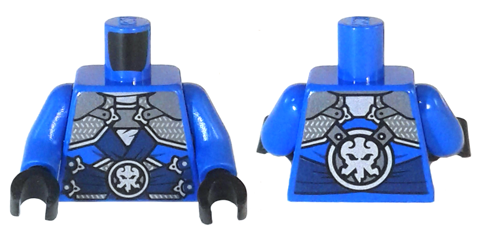 Torso Ninjago Dark Blue Straps, Silver Armor, Clasps and Lightning Emblem Pattern / Blue Arms / Black Hands