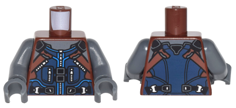 Torso Dark Blue and Reddish Brown Vest with Zipper and Pockets, Black Belt, Silver Buckles Pattern / Dark Bluish Gray Arms / Dark Bluish Gray Hands