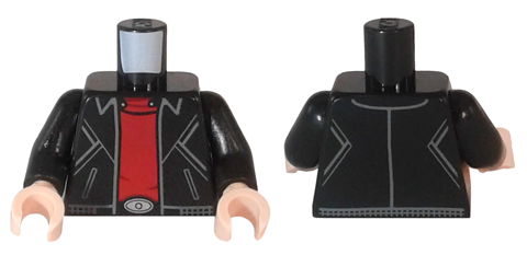 Torso Leather Jacket with Gray Stitching, Slash Pockets and Waistband over Red Shirt, Silver Oval Belt Buckle Pattern / Black Arms / Light Nougat Hands