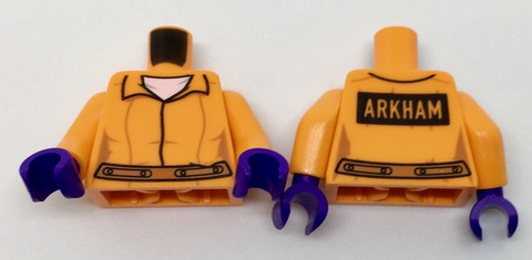 Torso Batman Prisoner Female Jumpsuit with Belt, White Undershirt and 'ARKHAM' on Back Pattern / Orange Arms / Dark Purple Hands