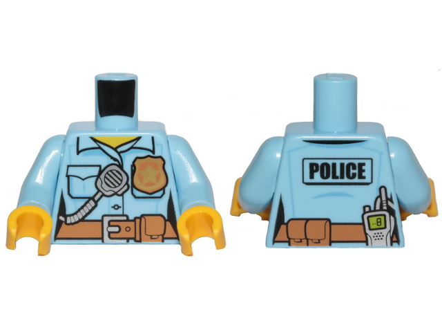 Torso Police Female Shirt with Gold Badge, Dark Tan Belt with Pocket and 'POLICE' and Radio on Back Pattern / Bright Light Blue Arms / Yellow Hands