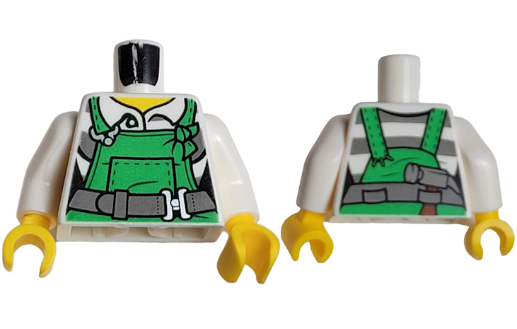 Torso Overalls Green over Prison Stripes Shirt, Dark Bluish Gray Belt Pattern / White Arms / Yellow Hands