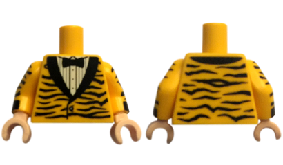 Torso Tuxedo Jacket with Black Animal Stripes and Lapels over White Shirt with Buttons and Pleats, Bow Tie Pattern / Bright Light Orange Arms with Black Animal Stripes and Cuffs Pattern / Light Nougat Hands