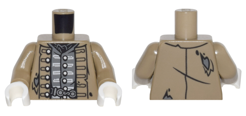 Torso PotC Naval Officer Uniform Tattered with Silver Buttons and White Trim, Dark Bluish Gray Vest, Belt Buckle Pattern / Dark Tan Arms / White Hands