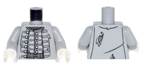 Torso PotC Naval Officer Uniform Tattered with Silver Buttons and White Trim, Vest, Belt Buckle Pattern / Light Bluish Gray Arms / White Hands