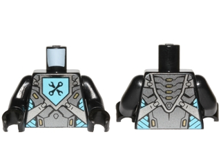 Torso Nexo Knights Armor with Pearl Dark Gray and Silver Panels and Black Crossed Wrenches on Medium Azure Pentagonal Shield Pattern / Black Arms / Black Hands