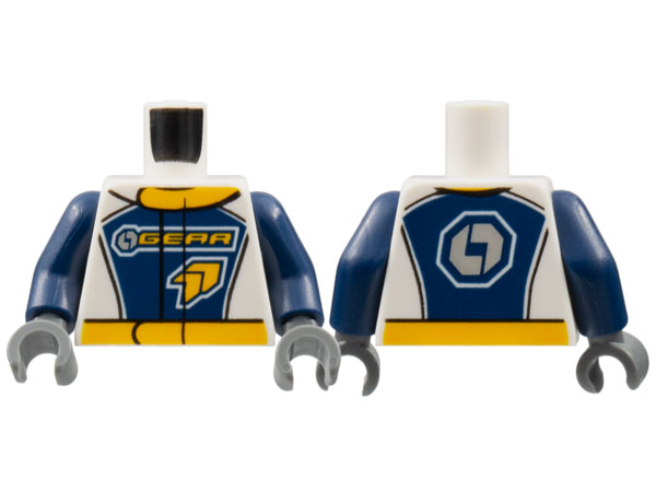 Torso Racing Suit with 'GEAR' Racing Team Logo on Front and Gear on Back Pattern / Dark Blue Arms / Dark Bluish Gray Hands