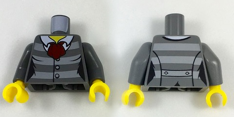 Torso Female Jacket with Light Bluish Gray Stripes, 3 Buttons and Dark Red Scarf and Back Print Pattern / Dark Bluish Gray Arms / Yellow Hands