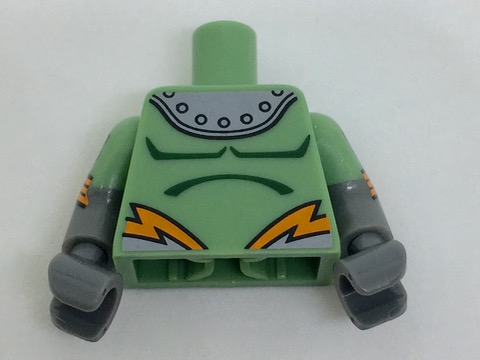 Torso Shoulder Armor with Rivets and Orange Lightning Pattern / Dark Bluish Gray Arms with Molded Sand Green Short Sleeves and Printed Atoms and Orange Stripes Pattern / Dark Bluish Gray Hands