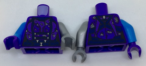 Torso Female Damaged Armor, Dark Blue Belt Pattern / Flat Silver Arm Left / Dark Azure Arm Right / Dark Purple Hand Right / Dark Bluish Gray Hand Left