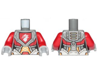 Torso Nexo Knights Female Armor with Orange and Gold Circuitry and Emblem with White Dragon Pattern / Red Arms / Light Bluish Gray Hands