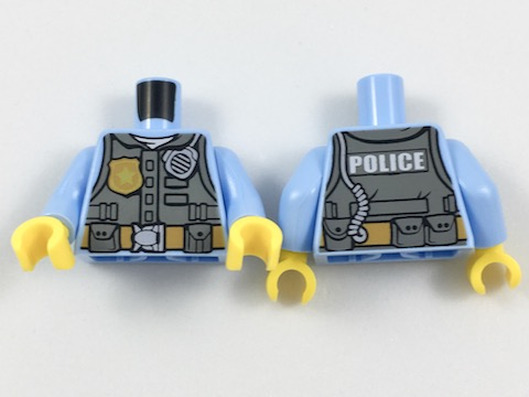 Torso Dark Bluish Gray Body Armor Vest with Strap over White Shirt, Medium Nougat Belt with Pouches and Silver Buckle, Gold Star Badge, Radio with Cord, Wide Font 'POLICE' on Back Pattern / Bright Light Blue Arms / Yellow Hands