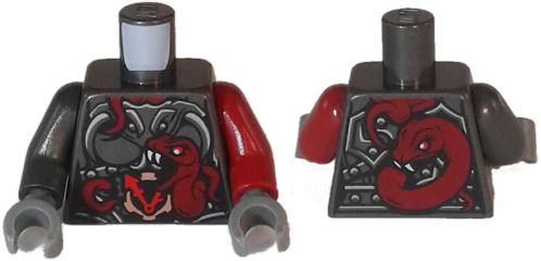 Torso Ninjago Female Armor with Clock and Dark Red Snakes Pattern / Dark Red Arm Left / Pearl Dark Gray Arm Right / Dark Bluish Gray Hands