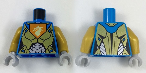 Torso Female Nexo Armor Gold and Silver with Dragon Head on Orange Pentagonal Shield Pattern / Pearl Gold Arms / Light Bluish Gray Hands