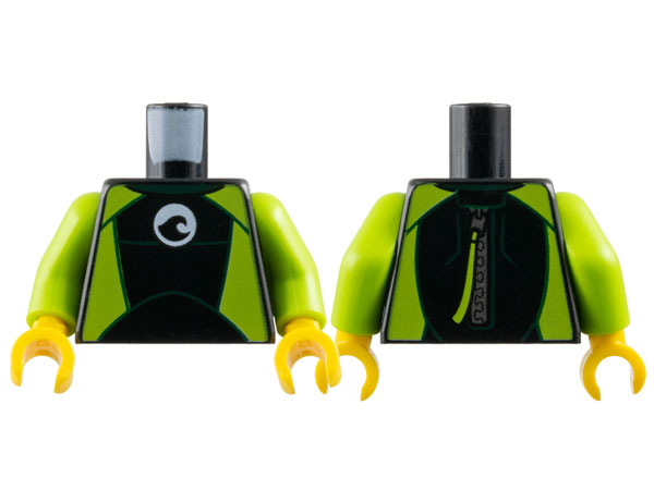 Torso Wetsuit with Dark Green Collar, Lime Panels, Wave Logo on White Circle, Silver Zipper with Pull Cord on Back Pattern / Lime Arms / Yellow Hands