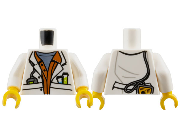 Torso Lab Coat Open with Pockets over Dark Orange Shirt and Sand Blue Undershirt, Test Tubes and Electronic Device Pattern / White Arms / Yellow Hands