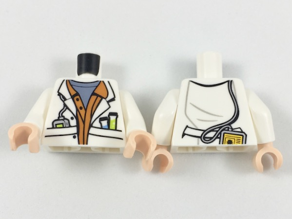 Torso Lab Coat Open with Pockets over Dark Orange Shirt and Sand Blue Undershirt, Test Tubes and Electronic Device Pattern / White Arms / Light Nougat Hands
