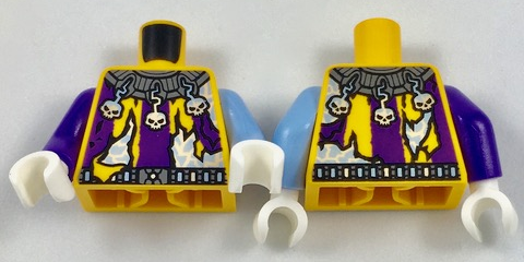 Torso Tattered Purple-Striped Shirt, Jester's Collar with Skulls and Lightning Pattern / Bright Light Blue Arm Left / Dark Purple Arm Right / White Hands