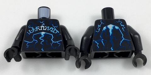 Torso Nexo Knights Dark Blue, Bright Light Blue and White Lightning Effects and Symbols Pattern / Black Arms / Black Hands