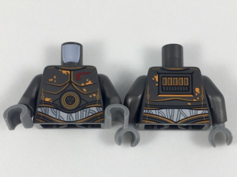 Torso SW Armor Metal Plates with Orange Rust Stains and White Wires on Silver Abdomen Pattern / Pearl Dark Gray Arms / Dark Bluish Gray Hands