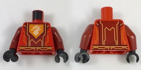 Torso Nexo Knights Armor with Orange / Yellow Circuitry, Dark Red Center Panel, Dragon Head on Pentagonal Shield Pattern / Dark Red Arms / Black Hands