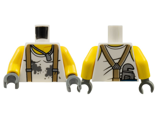 Torso Shirt with Dark Bluish Gray Splotches, Dark Tan Suspenders, Dog Tag Necklace, and Wrench on Back Pattern / Yellow Arms / Dark Bluish Gray Hands