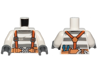 Torso Town Prisoner Number 621, Gray Stripes, Suspenders and Belt with Pliers and Rope Pattern / White Arms / Dark Bluish Gray Hand