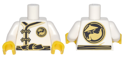 Torso Ninjago Robe with Gold Frog Clasps, Black Sash and Gold Sensei Wu Emblem Front and Back Pattern / White Arms / Yellow Hands
