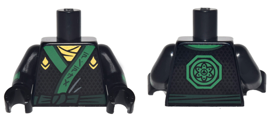 Torso Ninjago Robe with Gold Scarf and Diamonds, Green Sash and Emblem Pattern / Black Arms with Diamonds and Green Cuffs Pattern / Black Hands