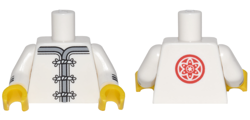 Torso Ninjago Robe with Gray Trim, White Frog Clasps and Red Flower Medallion Pattern / White Arms with Black and Gray Cuffs Pattern / Yellow Hands