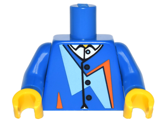 Torso Jacket with Dark Blue Buttons, Bright Light Blue and Orange Geometric Shapes over White Shirt with Collar Pattern / Blue Arms / Yellow Hands