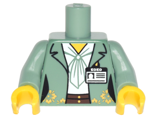 Torso Female Outline Jacket with Gold Flowers, ID Badge with 'KOKO' over White Blouse and Dark Brown Belt Pattern / Sand Green Arms / Yellow Hands