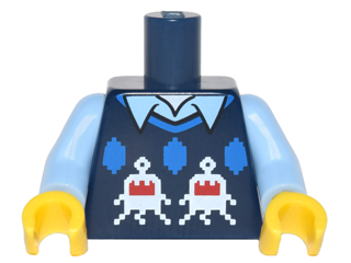 Torso Knit Vest with White and Red Creatures over Bright Light Blue Shirt with Collar Pattern / Bright Light Blue Arms / Yellow Hands